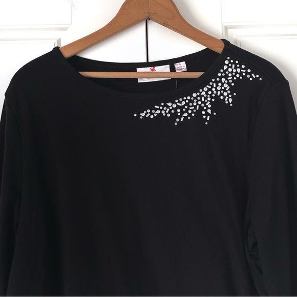 Quacker Factory Embellished Tshirt Womens Large Black Jewels Rhinestones NEW - Picture 2 of 12